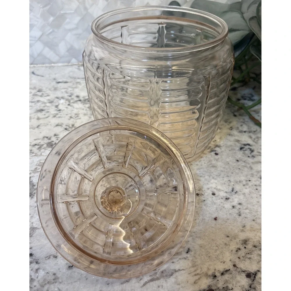 Vtg Anchor Hocking Manhattan Pink Depression Glass Beehive Biscuit Cookie Jar